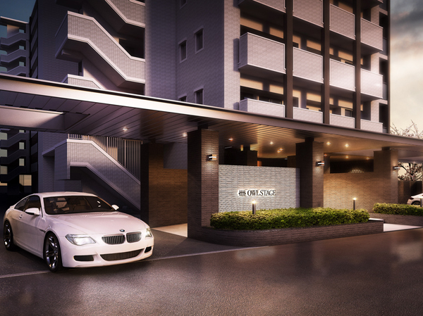 Buildings and facilities. High-grade residence of face "Entrance". Entrance approach designed the dignity full of facial expressions, Adopting the texture of the material floating material feel the style. Contrast with a deep border tone tile will produce a dignity befitting the face of the house. (Entrance approach Rendering)