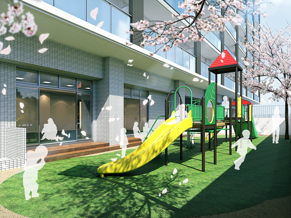 Buildings and facilities. Set up a play lot with a large playground equipment that becomes a free playground for small children on site. Rather than worry about the intrusion, such as a suspicious person because it is on site, Along with the eyes of your family be scrupulous, Foster a community of people together to live, Will be space also help to exchange information. Also, The cherry trees that will tell the coming of spring three planted, Served with color to transitory of season. (Play lot Rendering)