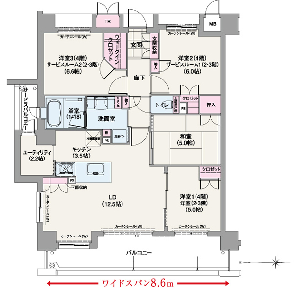 Room and equipment. 90A type of corner dwelling unit with the comfort and functionality ・ 4LDK plan. The kitchen is next to was provided with a utility that can be used for multiple purposes, such as housework corner. Adopt a sliding door in the living room that leads to the LD to increase the openness of the space. Also, Walk-in closet, etc., Balance a wide variety of storage well placed. Wide span balcony Komu taken to enrich the lighting is to achieve a living space and spacious. (Occupied area: 86.84 sq m balcony area: 14.01 sq m)