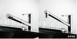 Kitchen.  [Faucet chrome finish] In accordance with the large sink, Faucet also two available. It washed off in the shower every corner of the sink.