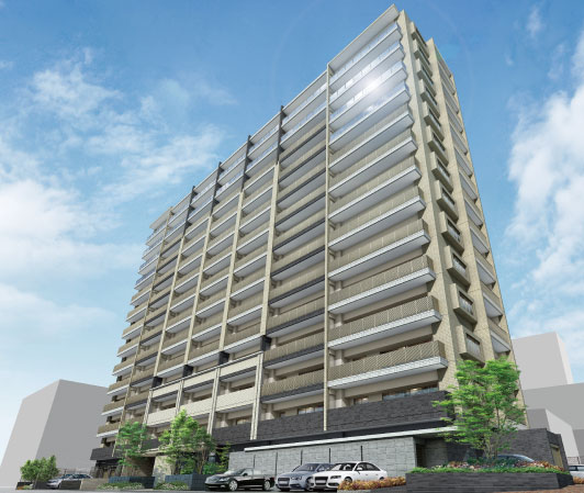 Shared facilities.  [Exterior - Rendering] Entrance eaves with a wide sense of the approach section, Natural stone ・ Subjected to a finish that was based on Nichogake tile, You are appearance that certain sense of quality. Planting was arranged in place is, It will will add a rich look to streets not only apartment. It is a design that will increase the presence enough to go through the time.