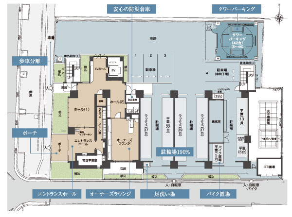 Shared facilities.  [Site layout] On-site bicycle parking lot is, For indoor, You can comfortably use without getting wet in the rain. In case of emergency, Prepare a definitive warehouse to stockpile emergency supplies on site. By separating the pedestrian and the inlet of the motor vehicle, It has extended day-to-day safety and comfort.