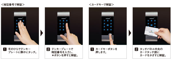 Security.  [Auto-lock subkey system] Adopt a multi-function auto lock subkey system to unlock the card key or personal identification number as auxiliary lock. Forgetting to close the key is also, It will be locked by the auto lock function. Key features include: card key authentication system ・ Silent mode function ・ Imaginary function peep prevention ・ 5 times mischief prevention function to lock the operation from the outside and the illegal operation ・ internal / External forced lock function ・ Alarm function of pry prevention