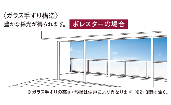 Building structure.  [Balcony to produce a spread and the brightness of the room] Achieve a sufficient lighting while to cut the heat rays and ultraviolet light to adopt a laminated glass of special metal film coating on the balcony railing. Is a laminated glass difficult to scattering and falling off even in the event of damage. Part of the balcony is using an opaque glass of the consideration of the peripheral line of sight milk half colors.