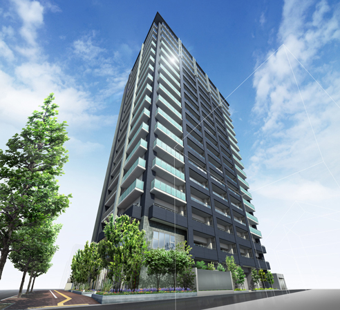 Buildings and facilities. It boasts a presence in this town, Shine this town. Downtown tower of mansion quality with enhanced livability. "Landmark" is worthy of the word, 18-storey tower apartment extending to the city center. It is not just a dwelling, Also play a role as part of the urban landscape. (Exterior view)