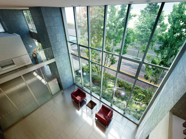 Buildings and facilities. Grant is two-tier atrium and Midorikei, Without limit, Pleasant sense of openness. Fun Mel various expressions throughout the year, Site planting plan. Space wrapped in its rich green, Let guests calming, Relax as, It has adopted a two-tier atrium with a spread. (Entrance Hall Rendering)