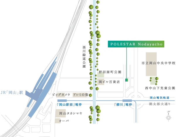 Surrounding environment. JR "Okayama" around the station, of course, Close to living facilities are enriched. Okayama Electric Tramway "Yanagawa," a 4-minute walk to the outage (about 260m), Is one of the attractive convenience of access of the city center unique that JR "Okayama" an 8-minute walk to the station (about 640m). (Area conceptual diagram)