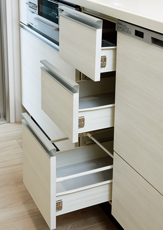 Kitchen.  [Soft closing function] Adopt a soft-closing function is to slide storage. Take a brake just before the close, In then slowly closing function, It reduces the impact sound when closing.