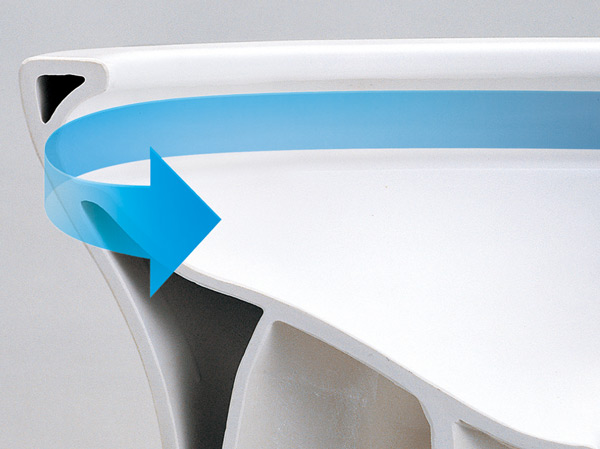 Toilet.  [Borderless shape] Dust accumulates, Borderless shape of the toilet who lost the return groove of the edge where the cleaning was difficult to. Care is also easier. (Conceptual diagram)