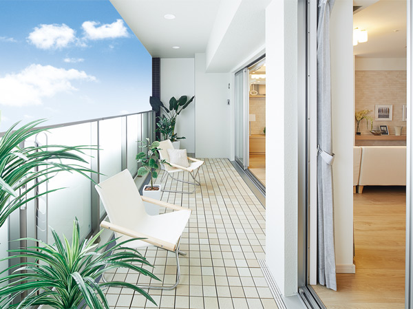 balcony ・ terrace ・ Private garden.  [Balcony of a maximum width of about 2m] Balcony of the depth of about 2m to produce a more open feeling of the house. It extends the life of the style in the outdoor living feeling. (E type model room)