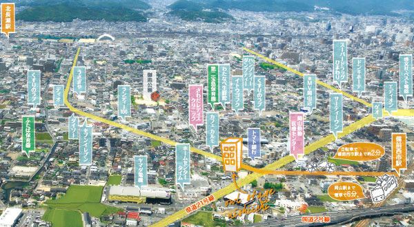 Surrounding environment. Clothing ・ Eclipse ・ And ease of shops close, Glad facility environment to go out every day of shopping and holiday.  ※ Posted Aerial of practice and a little different is subjected to some CG work in was taken in May 2013.