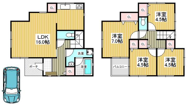 Floor plan. 19,800,000 yen, 4LDK, Land area 90.85 sq m , Residence of 4LDK equipped with a building area of 88.29 sq m parking space