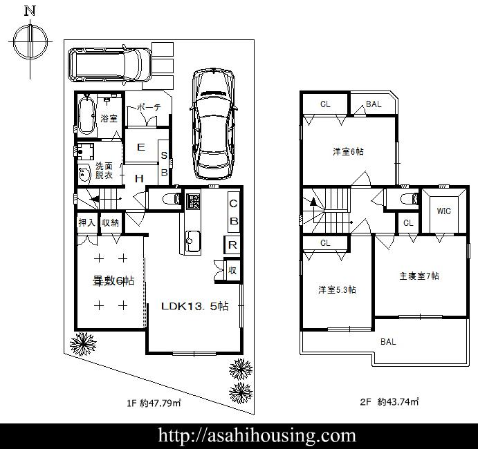 Floor plan. 35,800,000 yen, 4LDK, Land area 96.58 sq m , Building area 91.53 sq m 1F 47.79 sq m 2F 43.74 sq m  Total floor 91.53 sq m