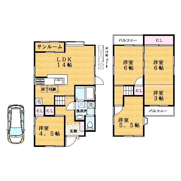 Floor plan. 15.5 million yen, 4LDK + S (storeroom), Land area 68.62 sq m , Building area 93.97 sq m