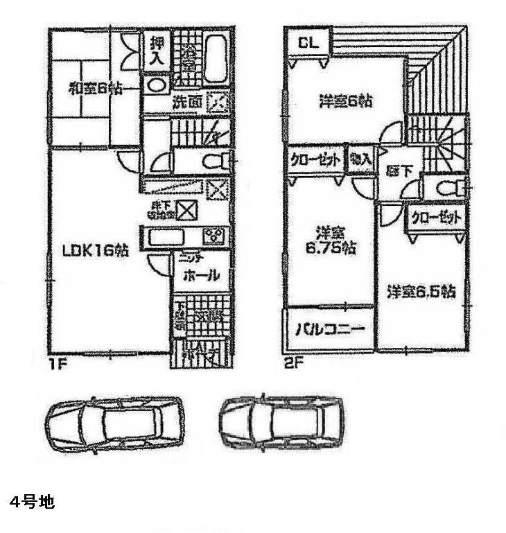 Floor plan. 27,800,000 yen, 4LDK, Land area 109.52 sq m , Building area 94.76 sq m 4 No. land 27,800,000 yen Garage two Allowed Land 108.95 sq m  Ken'nobe 95.58 sq m