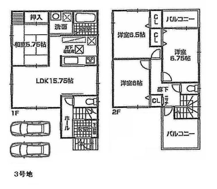 Floor plan. 27,800,000 yen, 4LDK, Land area 109.52 sq m , Building area 94.76 sq m 3 No. land 27,800,000 yen Garage two Allowed Land 109.52 sq m  Ken'nobe 94.76 sq m