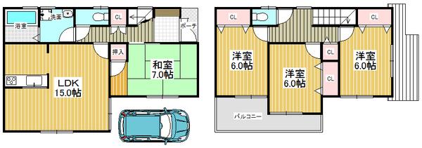 Floor plan. 27,800,000 yen, 4LDK, Land area 97.42 sq m , Building area 95.58 sq m parking with space, Equipped with storage facilities in each room