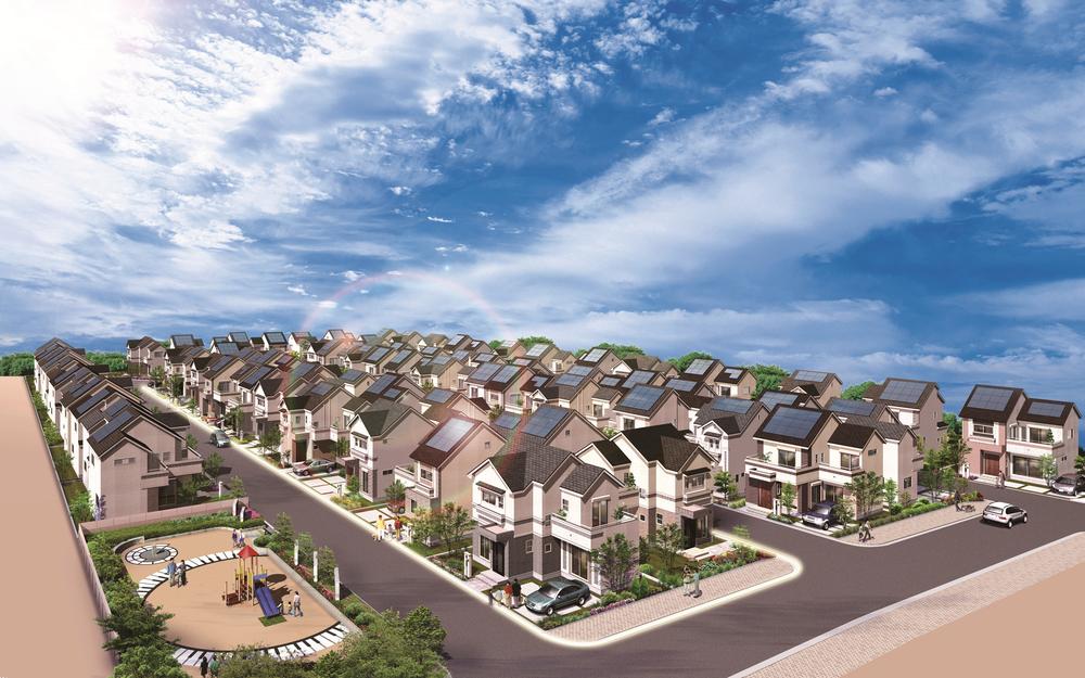 Cityscape Rendering. Power-saving and eco, And Clever house building with an eye to the future. Big Town of all 74 compartments "Smart Town Wakae Iwata" Cityscape Rendering