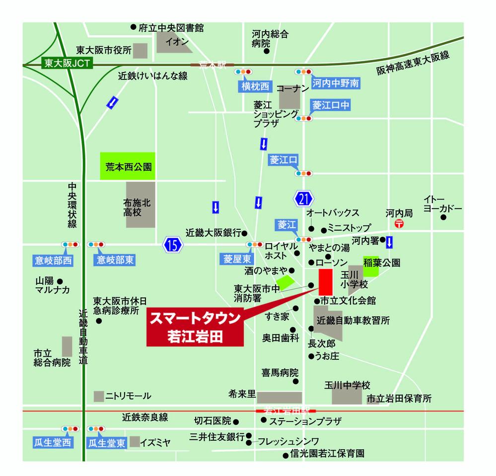 Local guide map. Birth to the "old Higashi-Osaka City Hall" main government building site. Living facilities are well-equipped living ease attractive around.