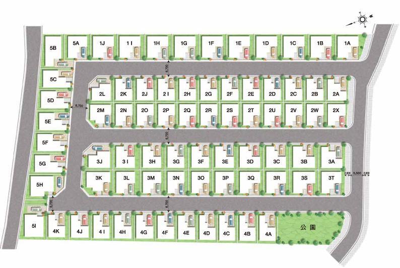 The entire compartment Figure. Room full of large-scale projects. All mansion 2-story. Road width 6.7m center. Town in the park.