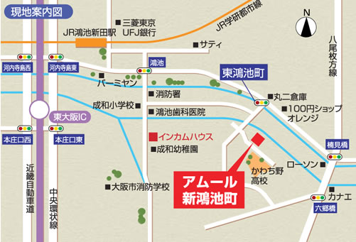 Local guide map. JR 20-minute walk to the "Konoike Nitta" station. Convenient prime location commercial facilities such as super lucky and Satie and fulfilling is in front of the station. Trying by all means visit the convenience of high living environment Local guide map