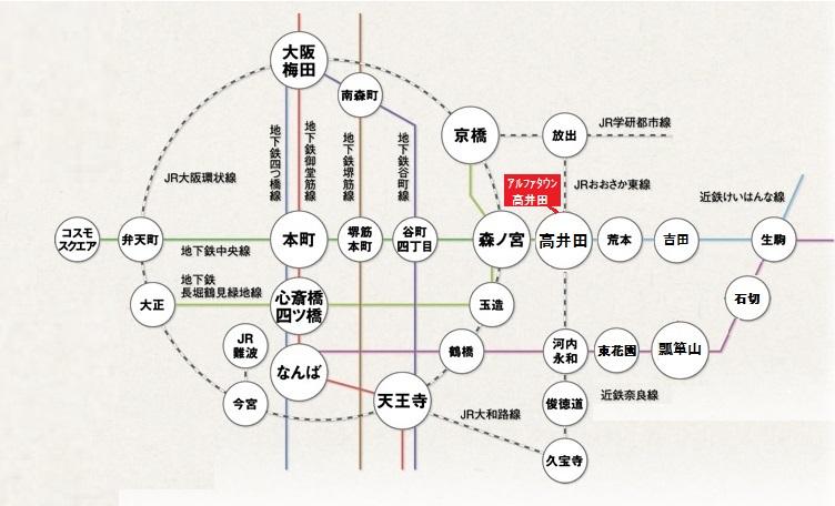 route map. Subway Chuo Line "Takaida" station ・ JR Osaka Higashi Line "Takaida center" station walk 5 minutes. Commute, It is very convenient to go to school. Hon up to 11 minutes by train, Until Kyobashi 10 minutes.