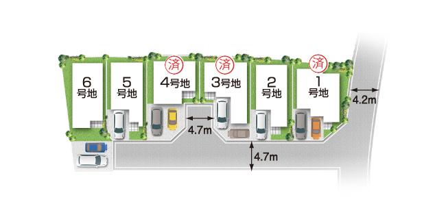 The entire compartment Figure. Front road in all 6 compartment is a development road that can not be passed through. Also play with confidence in front of his house small children. Perfect to child-rearing generation, This subdivision feel the breath of nature.