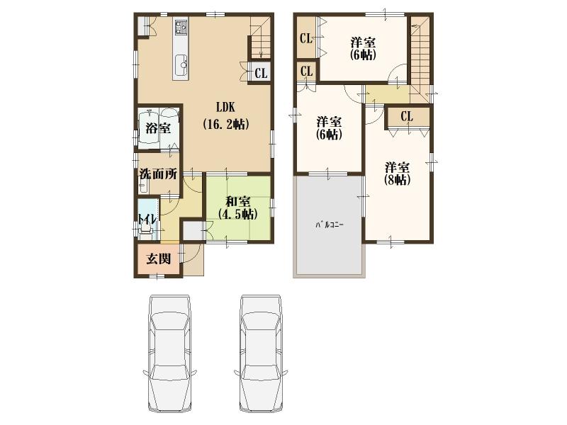 Floor plan. 29,998,000 yen, 4LDK, Land area 97.49 sq m , Parking two units can be is in the building area 91.98 sq m 4LDK