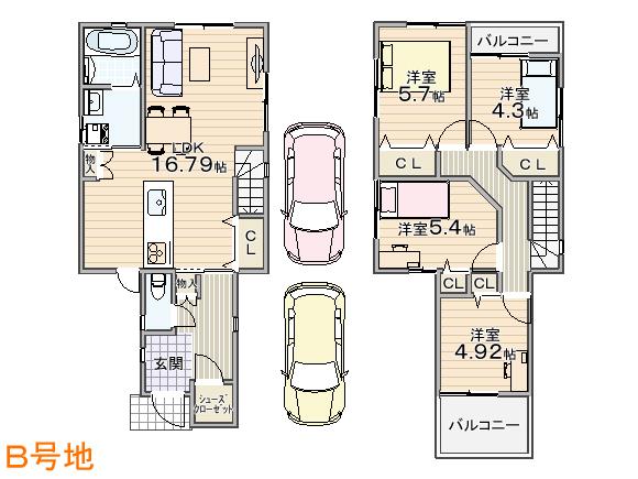 Floor plan. (B No. land), Price 35,500,000 yen, 4LDK, Land area 105.88 sq m , Building area 95.55 sq m