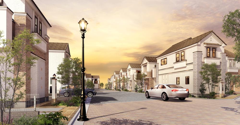 Cityscape Rendering. Elegant landscape of interlocking paving roads and street lighting color. Providing a park in the town, You can'll child also to play with confidence.