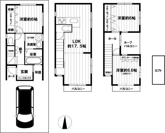 Floor plan. 19.6 million yen, 3LDK, Land area 62.18 sq m , Building area 92.59 sq m 3LDK + car space + loft + roof balcony