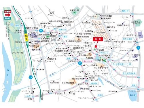 Local guide map. 3-minute walk to the Keihan bus "Higashiyama" stop than local. Comfortable access in the rich bus service. Keihan 12-minute bicycle to "Kuzunoha" station. Keihan "Kuzunoha" 28 minutes from the station by express to "Yodoyabashi" Station. (Local guide map)