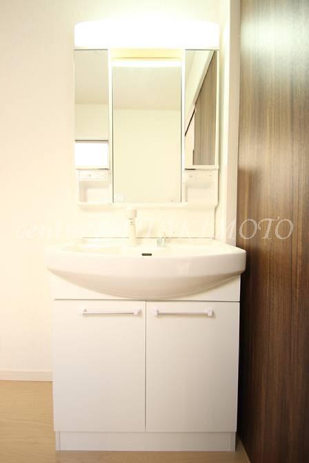 Wash basin, toilet. Behind the mirror has become the storage.