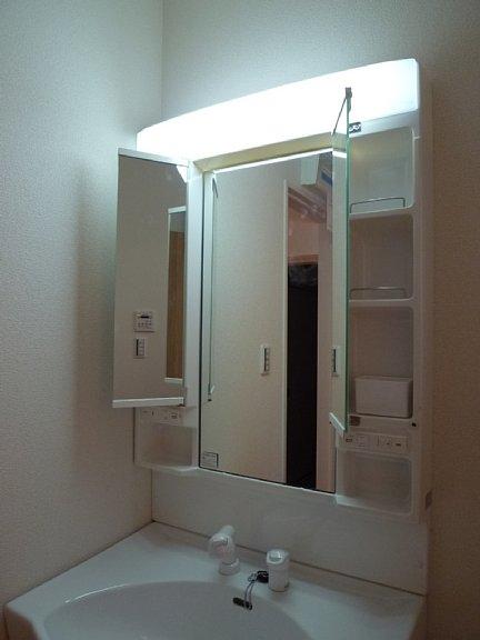 Wash basin, toilet. Behind the mirror is a private space