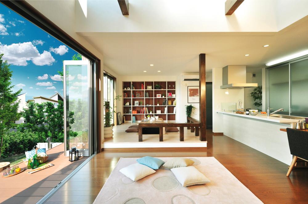 Building plan example (introspection photo). Library space provided in the corner of the living room (our example of construction)