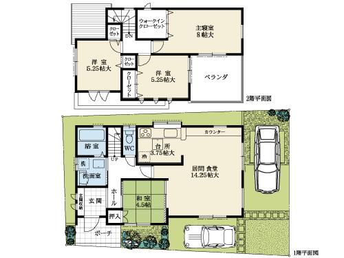 Floor plan. Full flat kitchen and a living full of refreshing openness ・ Directing the dining and relaxed space together