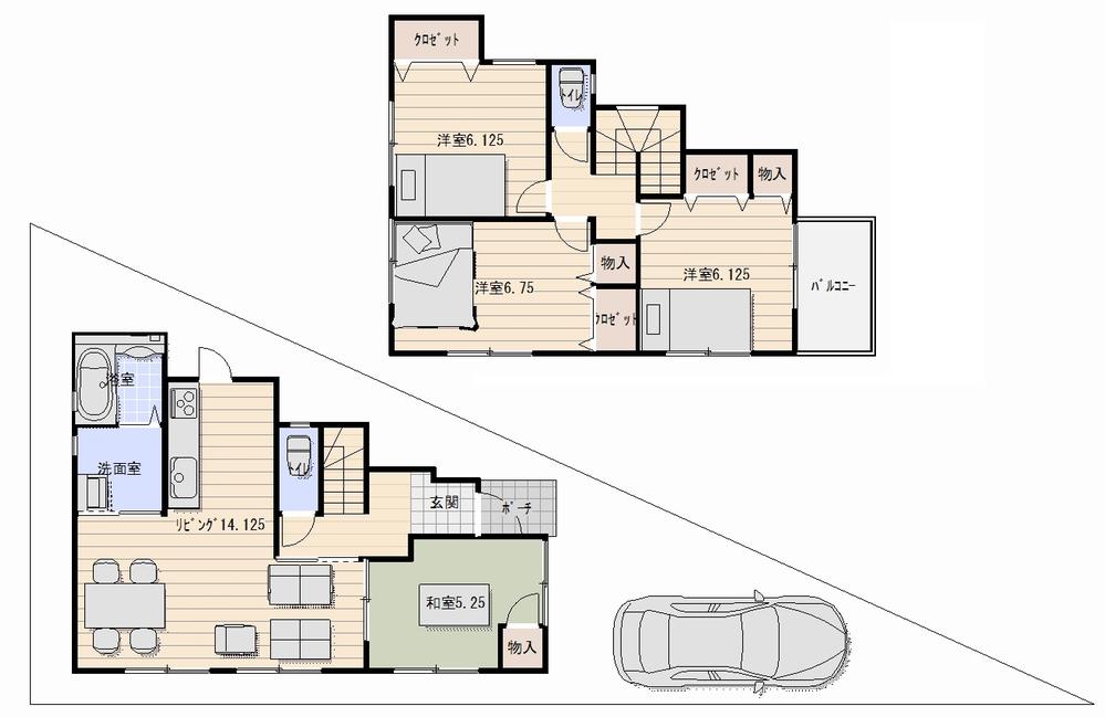 Floor plan. 22,800,000 yen, 4LDK, Land area 97.83 sq m , The LDK next to the building area 90.91 sq m spacious 14 Pledge realize a large space with a 5.2-tatami mat Japanese-style room Second floor Western-style each 6 quires more spacious floor plan plan