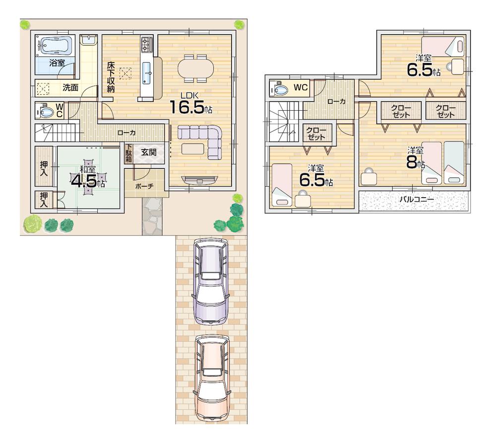 Floor plan. 23.8 million yen, 4LDK, Land area 128.09 sq m , Building area 98.41 sq m land about 38 square meters Parking two rooms Front road 4m