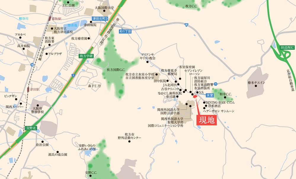 Local guide map. In Hirakata uptown, Town of ** all 22 compartments feel the light and wind.