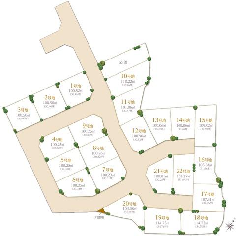 The entire compartment Figure. All 22 compartments of all sections 30 square meters more than. Garage two parking was spacious as possible. In street design that limit the entrance of the town, Secure a road width of the car you can also pass with a margin.