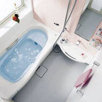 Power generation ・ Hot water equipment. Oval tub so that with a bench in the tub sitz bath and full bath can enjoy. To simplify the cleaning eliminates the "Kururin poi drain outlet" and mold grows easily rubber packing, Vertical ventilation opening in the dirt to accumulate hard bathroom door "Kireidoa", etc., Bathroom, which is friendly to the ease of care is made by INAX (same specifications)