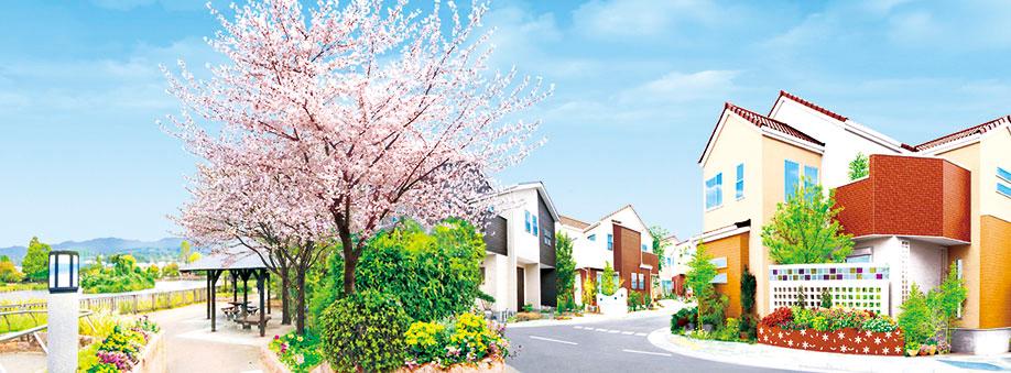 Cityscape Rendering. Cherry blossoms in spring are dyed in pink the park, Adjacent to the very beautiful Minohara park. Many, such as those who enjoy a slow stroll, It has given the peace in everyday life (Minohara park and local skyline Rendering some CG synthesis. Actual and slightly different)