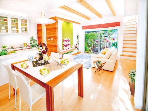 Living. Beam feel the warmth of the wood on the ceiling, Favorites can display cabinet in such individual to Irodoreru LDK. Living stairs notice with nature and out of a child (C-1 No. land model house)