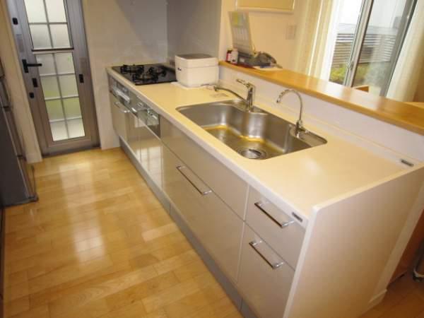Kitchen. It is warm there is a floor heating in the kitchen. There is also the back door.