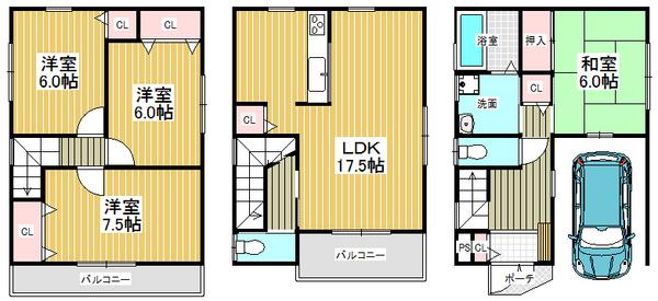 Floor plan. 31,800,000 yen, 4LDK, Land area 72.01 sq m , Building area 103.68 sq m all room 6 tatami mats or more, Spacious living space with storage space
