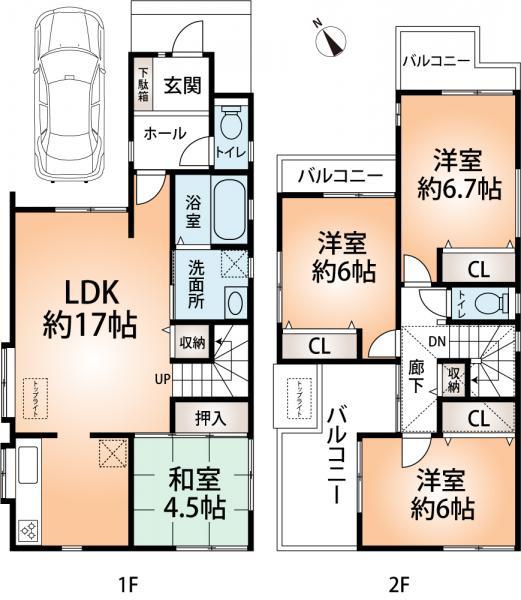 Floor plan. 34,500,000 yen, 4LDK, Land area 90.15 sq m , A building area of 97.2 sq m stylish bay windows and the top light living. Gas hot water floor heating Nook adoption. Floor heating to warm by radiant heat by the hot water the whole living-dining from feet. There is no wind-up of dust due to wind, Air also kept clean.