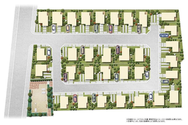 The entire compartment Figure. All 32 compartments, Site area 100 sq m more than. Revitalization of heart, Land plan filled with clear. All sections two PARKING. (Cityscape image illustration)