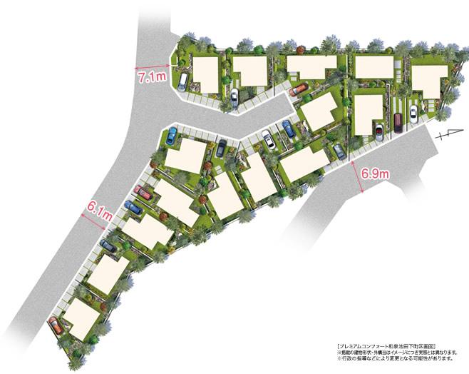 The entire compartment Figure. Site area of ​​all sections clear 100m2 than. Grow ticking time with the family, Colorful symbol tree You can choose from three types. (Compartment view image illustrations)