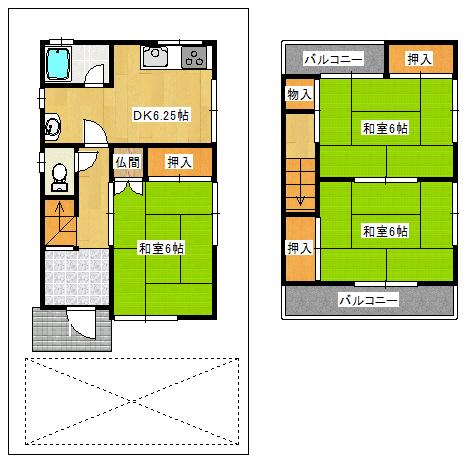 Floor plan. 8.8 million yen, 3DK, Land area 74.53 sq m , Widely building area 58.84 sq m vestibule, There are parking spaces.