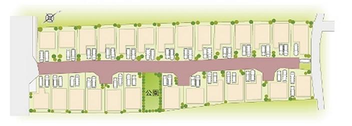 The entire compartment Figure. City block design the car is not be able to pass through, Visibility good color paving of the road, There is a park in the town, Safe streets at home where children come. <Whole compartment view>